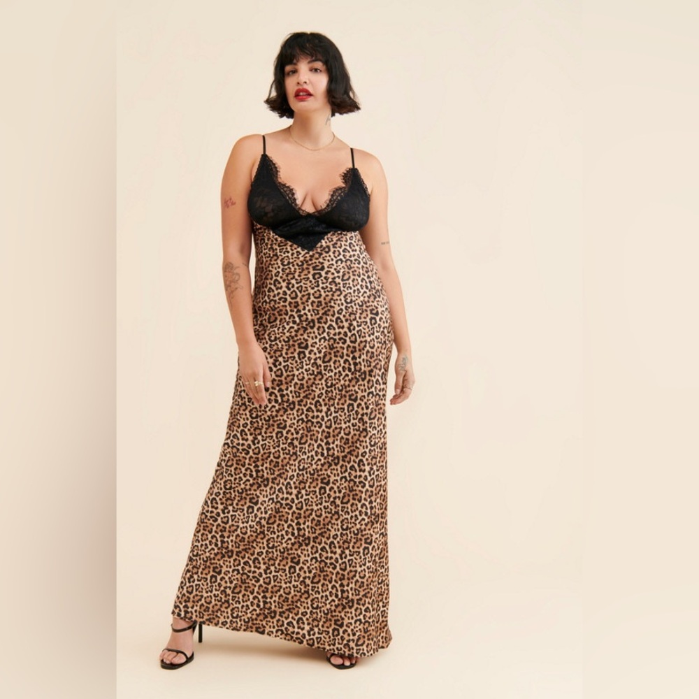 New Ronny Kobo Malo Lace Trim Leopard Slip Dress Gown sz S